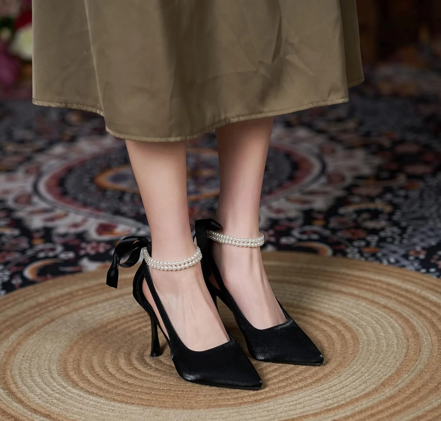 LizFoYa Women Satin Wedding High Heels Pointed Toe Bridal Pumps Heels Pearls Decorated Ribbon Sexy Heels