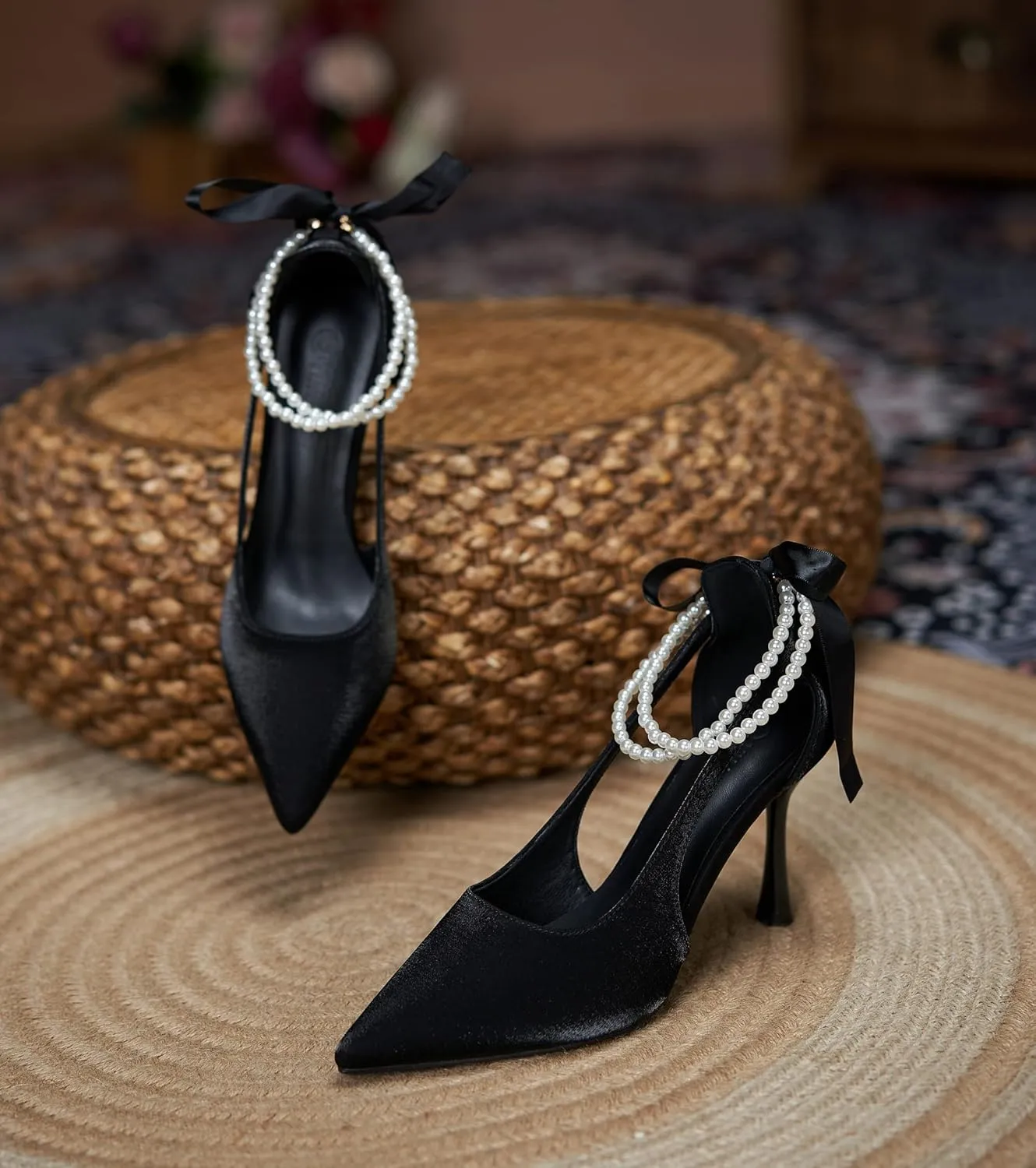 LizFoYa Women Satin Wedding High Heels Pointed Toe Bridal Pumps Heels Pearls Decorated Ribbon Sexy Heels
