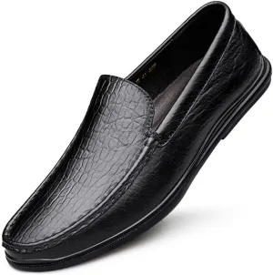 Mens Loafers Round Toe Genuine Leather Crocodile Print Loafer Shoes Comfortable Flat Heel Lightweight Outdoor Classic Slip-ons