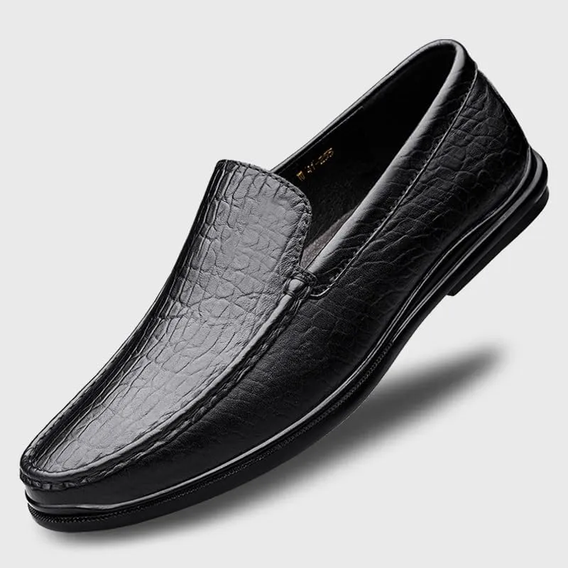 Mens Loafers Round Toe Genuine Leather Crocodile Print Loafer Shoes Comfortable Flat Heel Lightweight Outdoor Classic Slip-ons