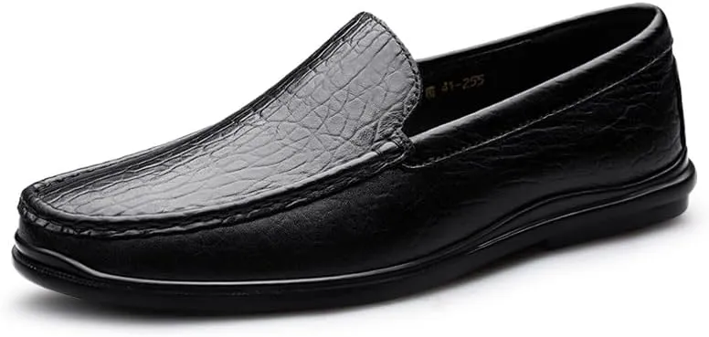 Mens Loafers Round Toe Genuine Leather Crocodile Print Loafer Shoes Comfortable Flat Heel Lightweight Outdoor Classic Slip-ons