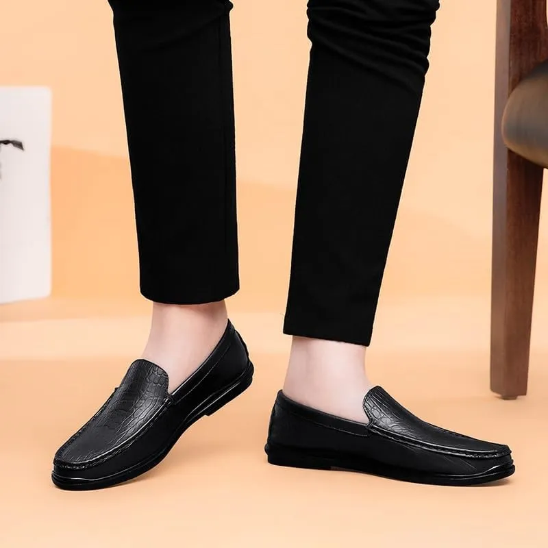 Mens Loafers Round Toe Genuine Leather Crocodile Print Loafer Shoes Comfortable Flat Heel Lightweight Outdoor Classic Slip-ons