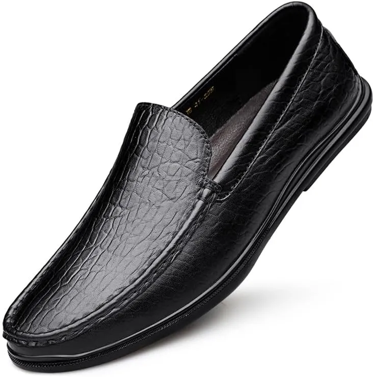 Mens Loafers Round Toe Genuine Leather Crocodile Print Loafer Shoes Comfortable Flat Heel Lightweight Outdoor Classic Slip-ons