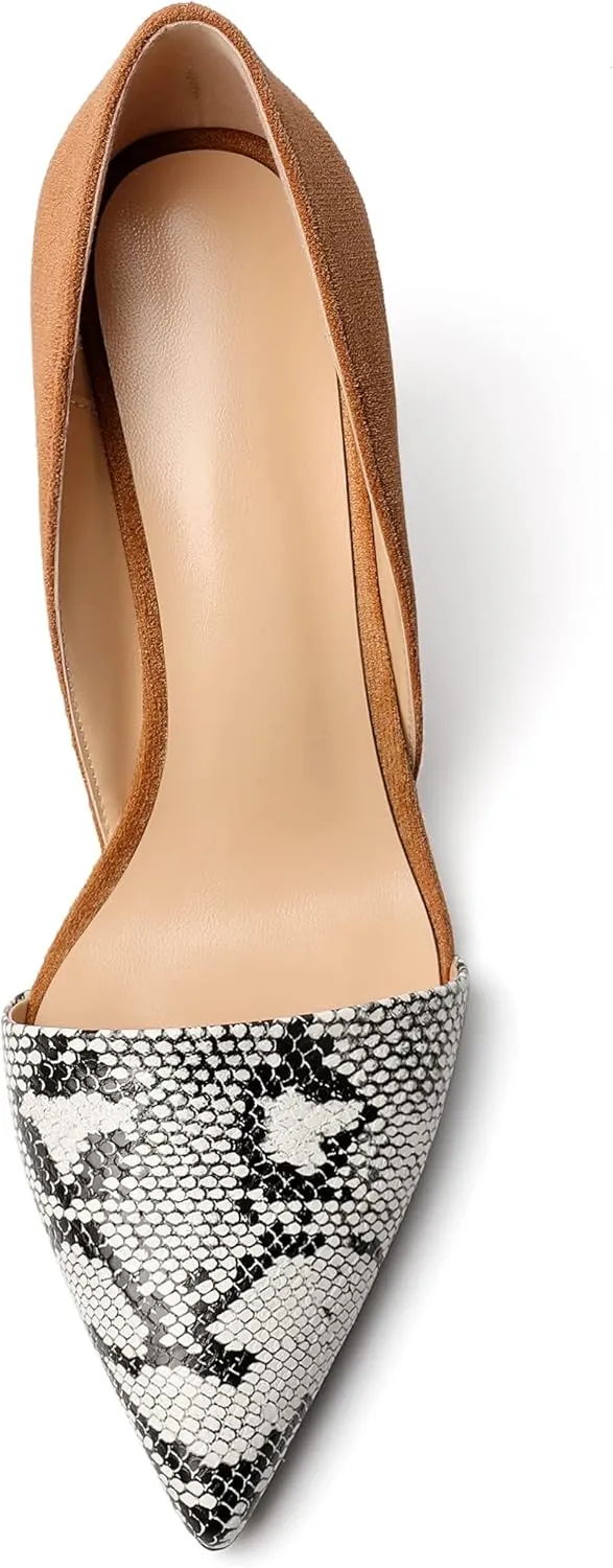Mettesally Women Stiletto Heels Snakeskin Slip On Pointed Toe Pumps Closed Toe High Heel Dress Shoes for Wedding Party Office