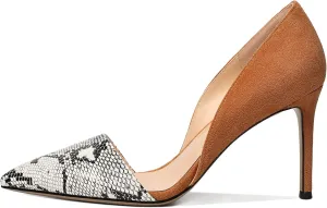 Mettesally Women Stiletto Heels Snakeskin Slip On Pointed Toe Pumps Closed Toe High Heel Dress Shoes for Wedding Party Office