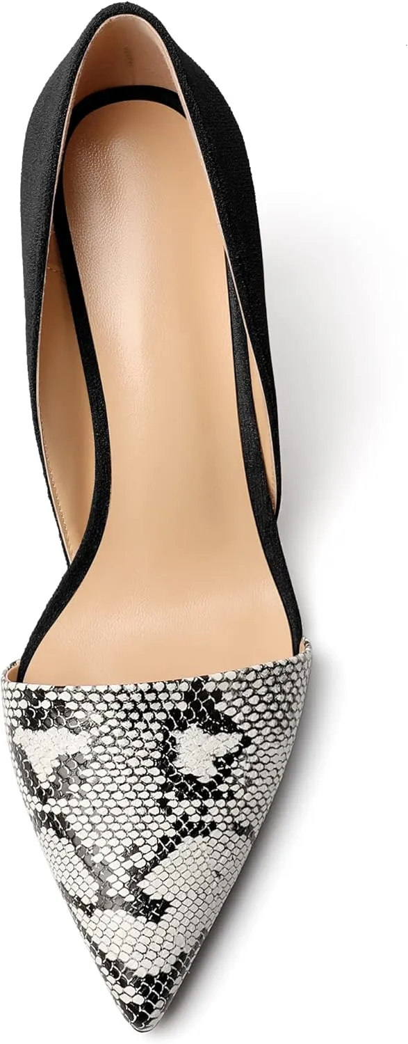 Mettesally Women Stiletto Heels Snakeskin Slip On Pointed Toe Pumps Closed Toe High Heel Dress Shoes for Wedding Party Office