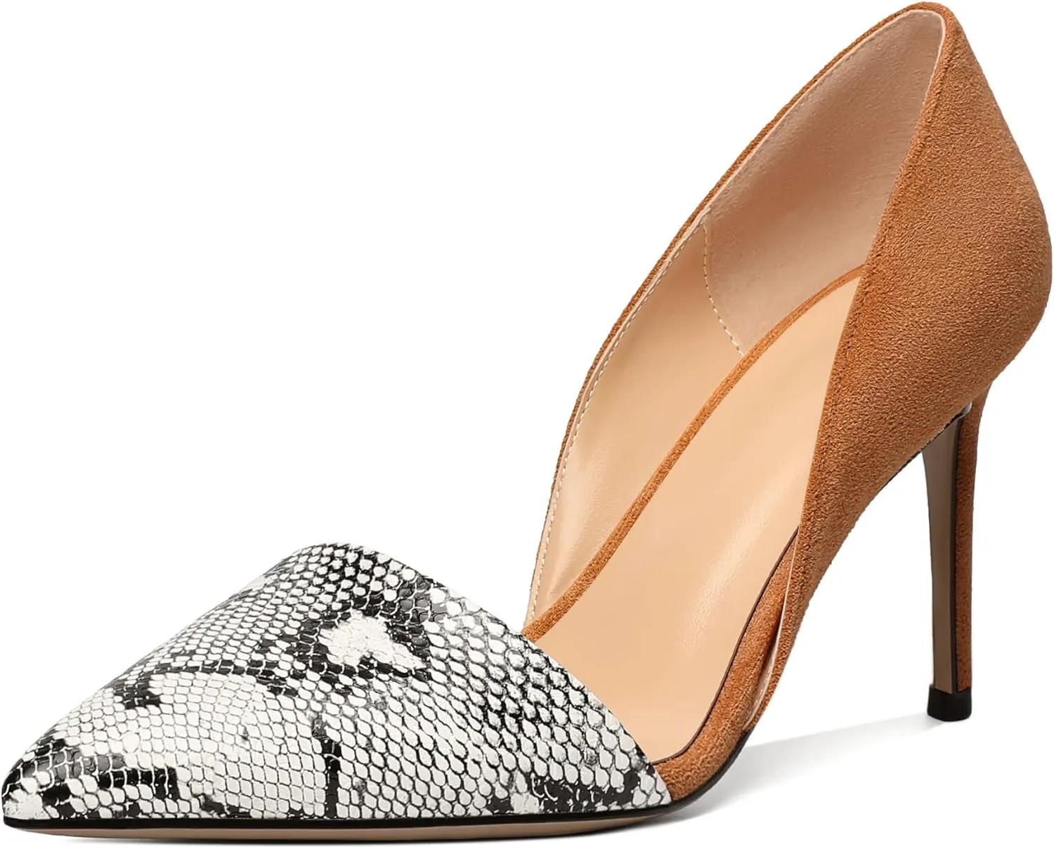 Mettesally Women Stiletto Heels Snakeskin Slip On Pointed Toe Pumps Closed Toe High Heel Dress Shoes for Wedding Party Office