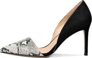 Mettesally Women Stiletto Heels Snakeskin Slip On Pointed Toe Pumps Closed Toe High Heel Dress Shoes for Wedding Party Office