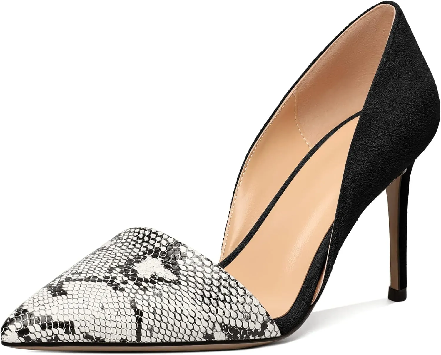 Mettesally Women Stiletto Heels Snakeskin Slip On Pointed Toe Pumps Closed Toe High Heel Dress Shoes for Wedding Party Office