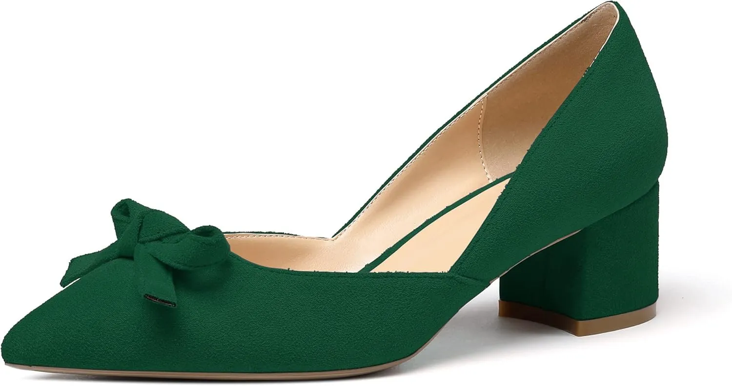 Mettesally Women’s Block Heel Pumps with Bow Knot Pointed Toe D’Orsay Chunky Heel Dress Party Shoes