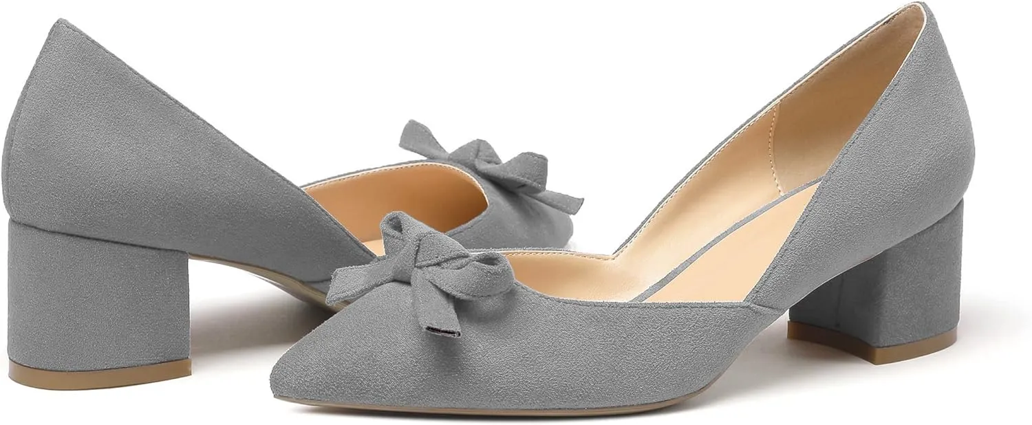 Mettesally Women’s Block Heel Pumps with Bow Knot Pointed Toe D’Orsay Chunky Heel Dress Party Shoes