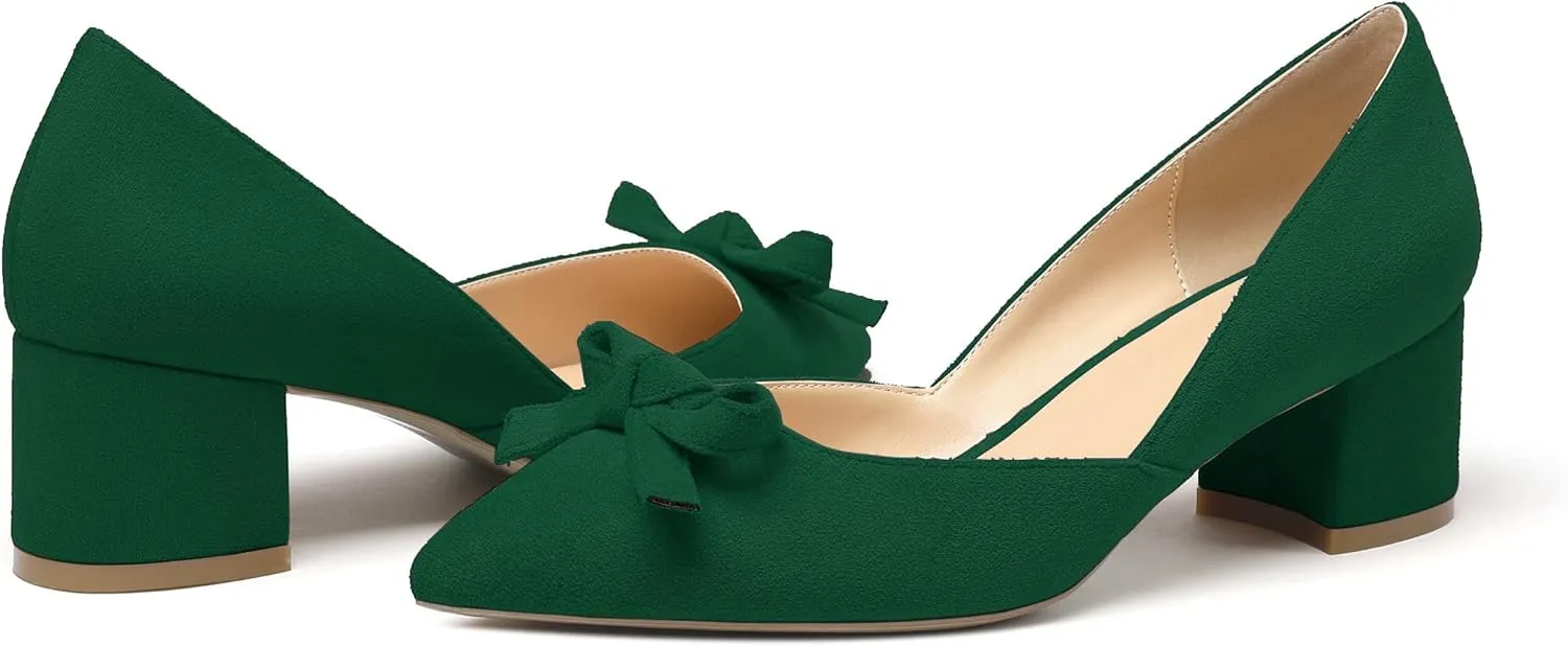Mettesally Women’s Block Heel Pumps with Bow Knot Pointed Toe D’Orsay Chunky Heel Dress Party Shoes