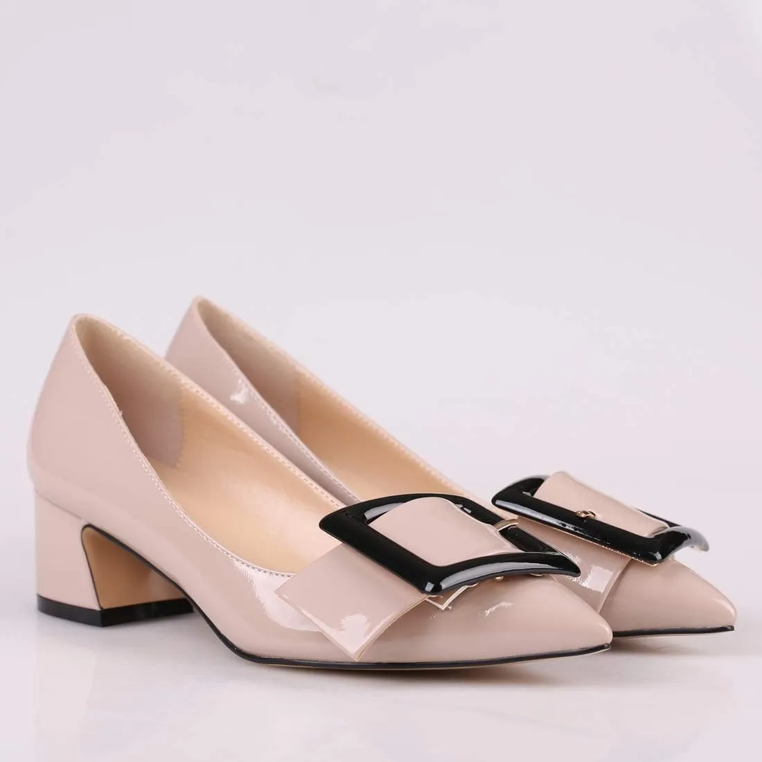 Mettesally Women's Block Heels Chunky Heel Pumps Classic Pointed Toe Slip On Buckle Wedding Office Dress Shoes