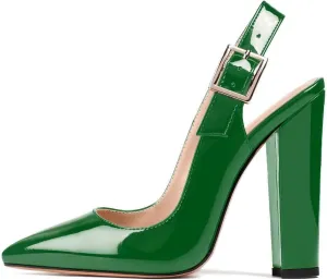Mettesally Women's Slingback Chunky Block High Heels Pointed Toe Pumps Ankle Strap Party Office Heeled Shoes