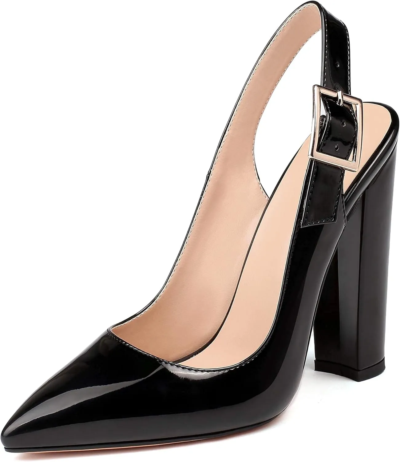 Mettesally Women's Slingback Chunky Block High Heels Pointed Toe Pumps Ankle Strap Party Office Heeled Shoes