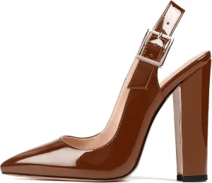 Mettesally Women's Slingback Chunky Block High Heels Pointed Toe Pumps Ankle Strap Party Office Heeled Shoes