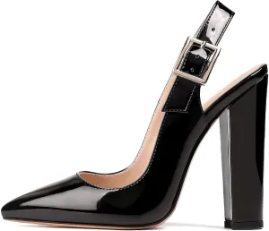 Mettesally Women's Slingback Chunky Block High Heels Pointed Toe Pumps Ankle Strap Party Office Heeled Shoes