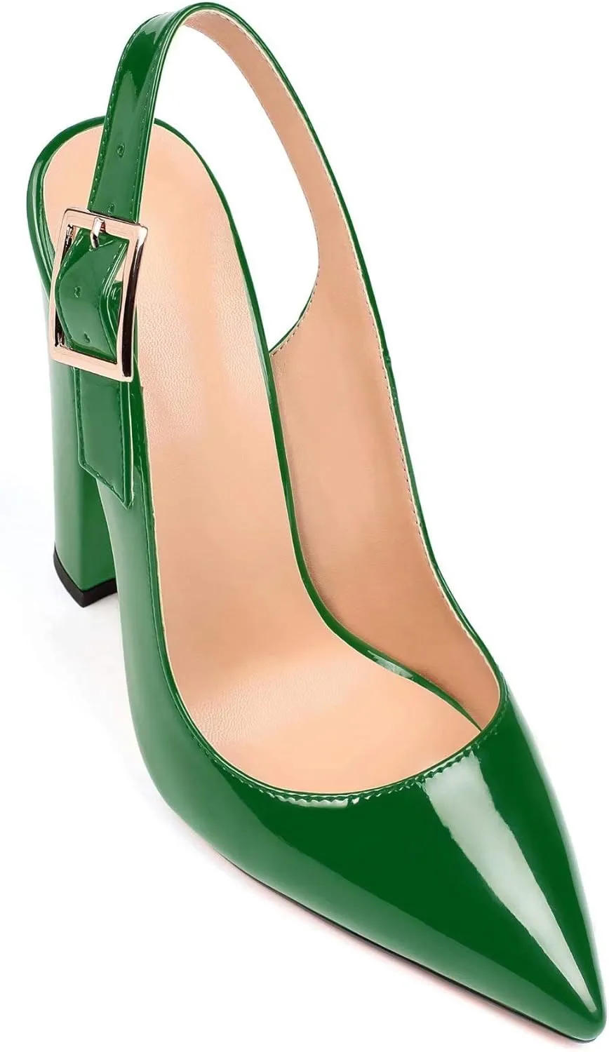 Mettesally Women's Slingback Chunky Block High Heels Pointed Toe Pumps Ankle Strap Party Office Heeled Shoes