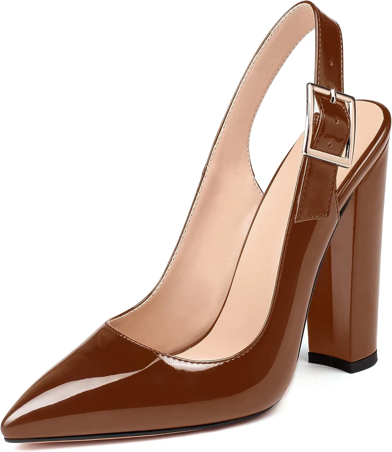 Mettesally Women's Slingback Chunky Block High Heels Pointed Toe Pumps Ankle Strap Party Office Heeled Shoes