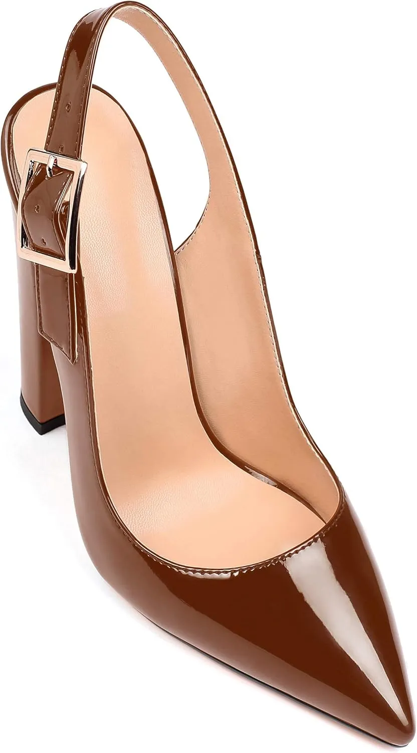 Mettesally Women's Slingback Chunky Block High Heels Pointed Toe Pumps Ankle Strap Party Office Heeled Shoes