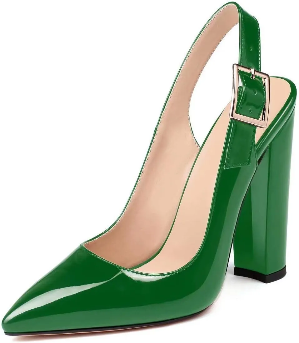 Mettesally Women's Slingback Chunky Block High Heels Pointed Toe Pumps Ankle Strap Party Office Heeled Shoes