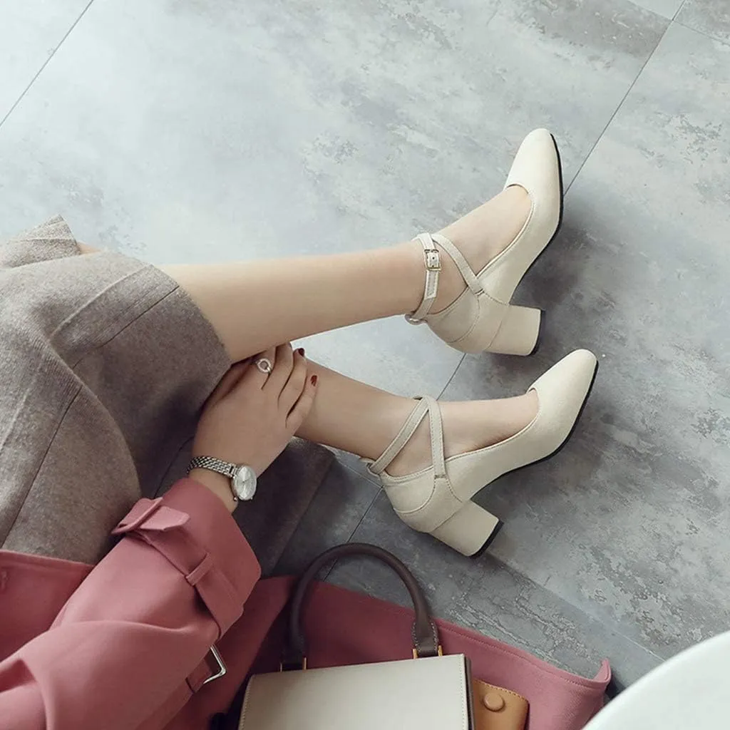 MIOKE Women's Retro Square Toe Chunky Mid Block Heel Pumps Suede Ankle Strap Comfort Office Dress Shoes