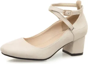MIOKE Women's Retro Square Toe Chunky Mid Block Heel Pumps Suede Ankle Strap Comfort Office Dress Shoes