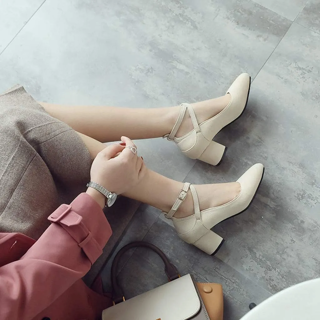 MIOKE Women's Retro Square Toe Chunky Mid Block Heel Pumps Suede Ankle Strap Comfort Office Dress Shoes