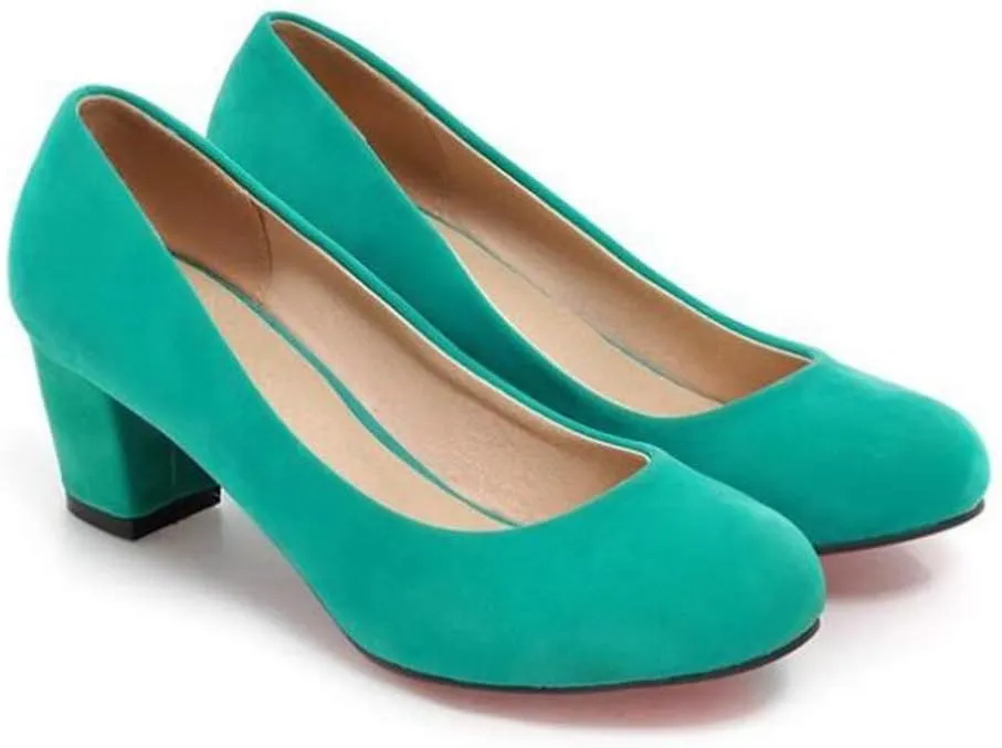 MIOKE Women's Round Toe Chunky Block Mid Heel Pumps Suede Slip-On Casual Comfort Work Office Dress Shoes