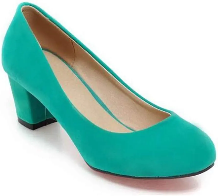 MIOKE Women's Round Toe Chunky Block Mid Heel Pumps Suede Slip-On Casual Comfort Work Office Dress Shoes