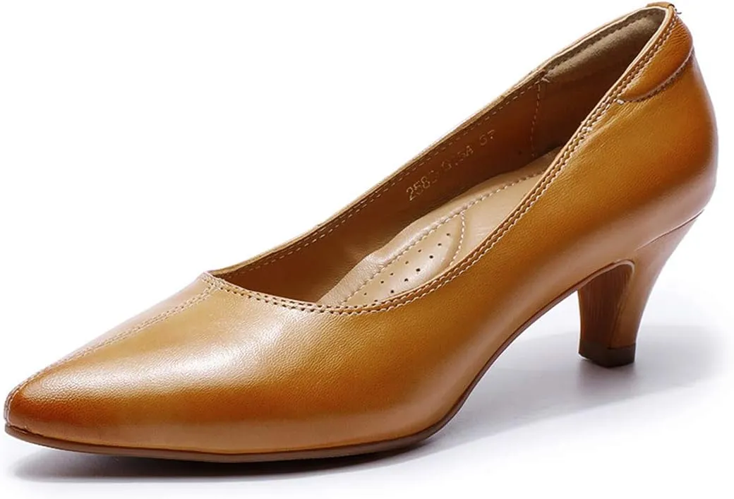 Mona flying Women's Leather Pump Med Heel Pointed Toe Office Dress Shoes for Ladies