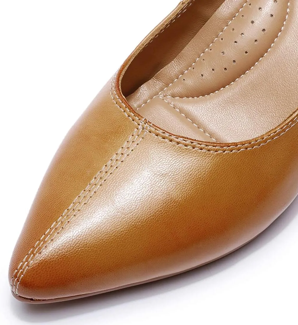 Mona flying Women's Leather Pump Med Heel Pointed Toe Office Dress Shoes for Ladies