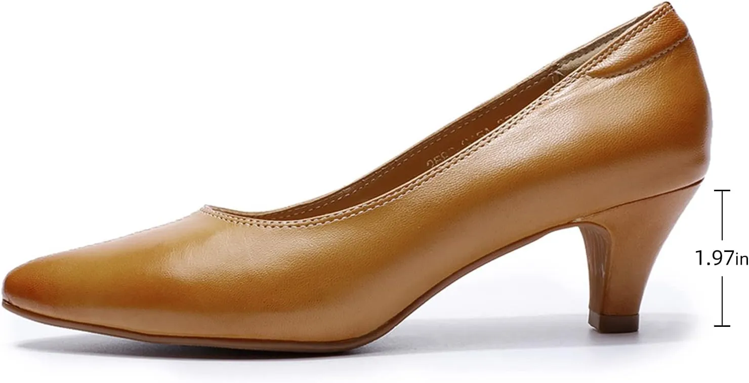 Mona flying Women's Leather Pump Med Heel Pointed Toe Office Dress Shoes for Ladies