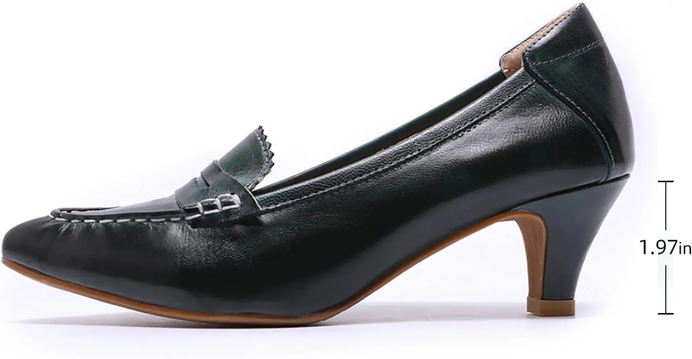 Mona flying Women's Leather Pump Med Heel Pointed Toe Office Dress Shoes for Ladies