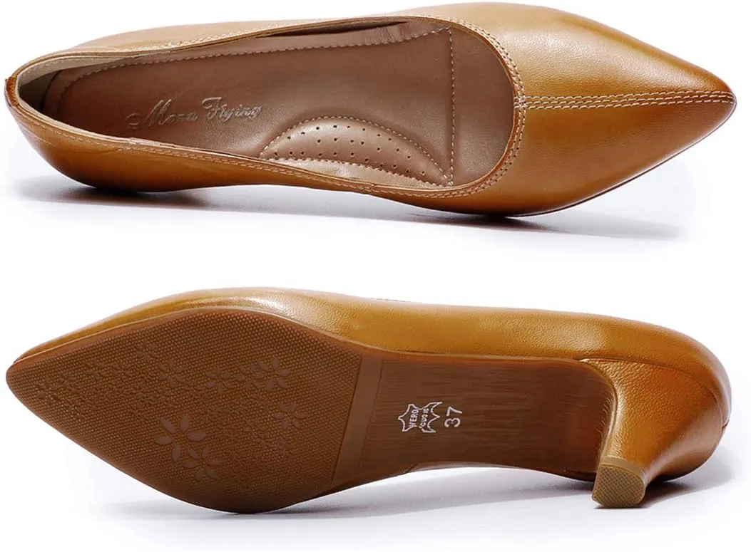 Mona flying Women's Leather Pump Med Heel Pointed Toe Office Dress Shoes for Ladies