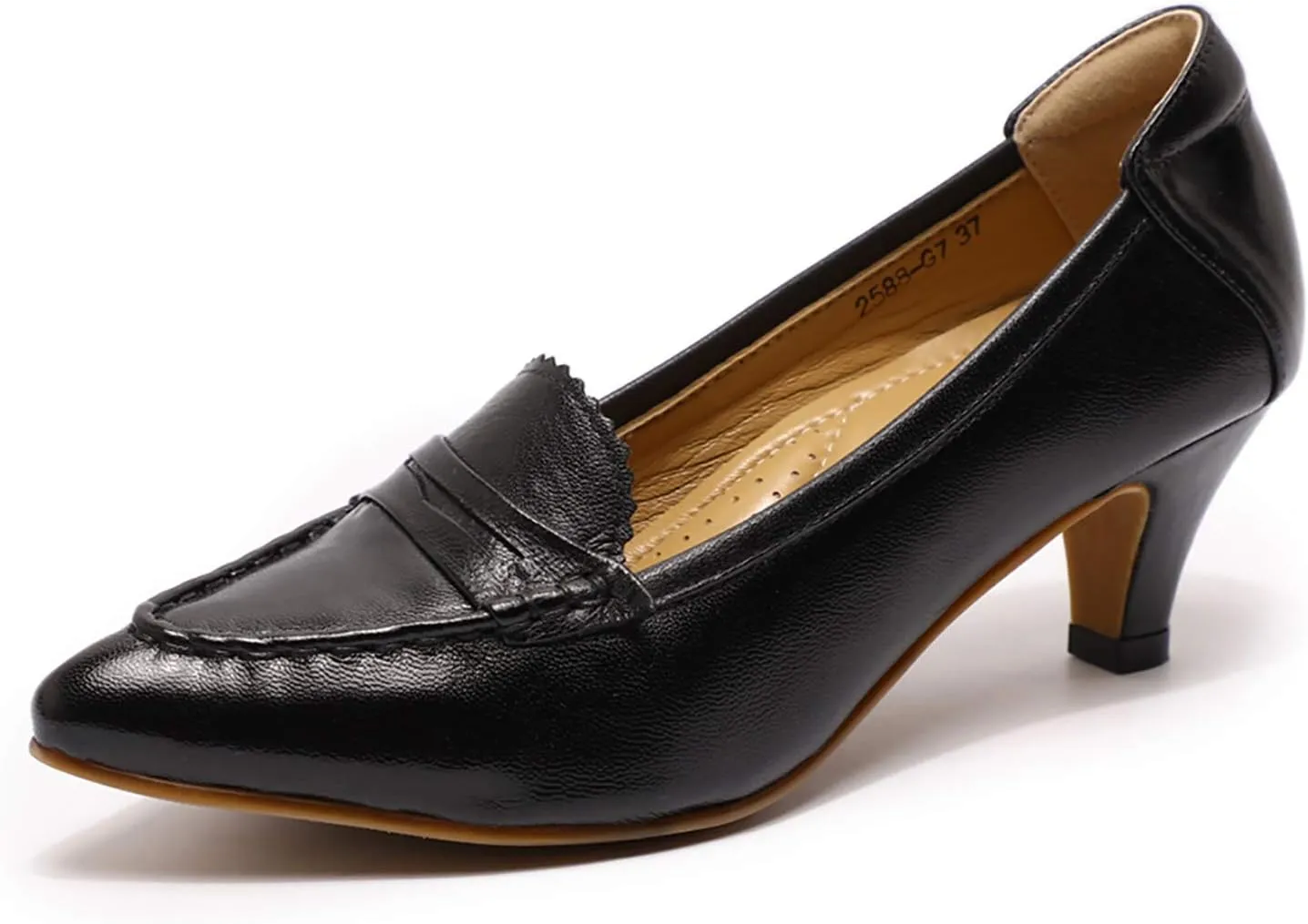 Mona flying Women's Leather Pump Med Heel Pointed Toe Office Dress Shoes for Ladies