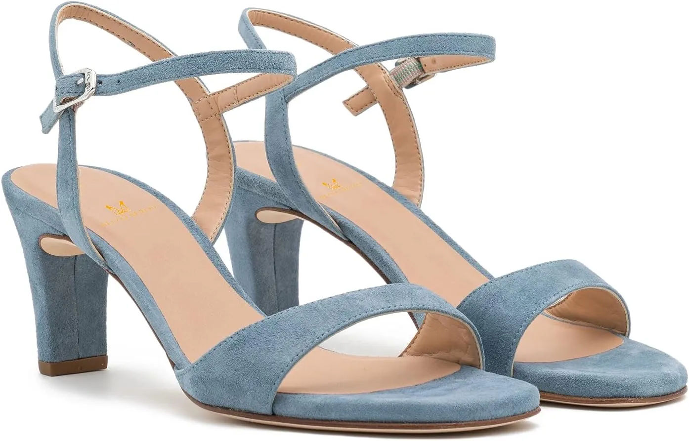 MOOMMO Women Block Mid Heel Sandals Classic Single Band Ankle Buckle Strap Sandals Suede Leather Round Open Toe 3 Inch Mid Chunky Heel Party Summer Wedding Office Dress Pump Shoes Size 4-13 M US