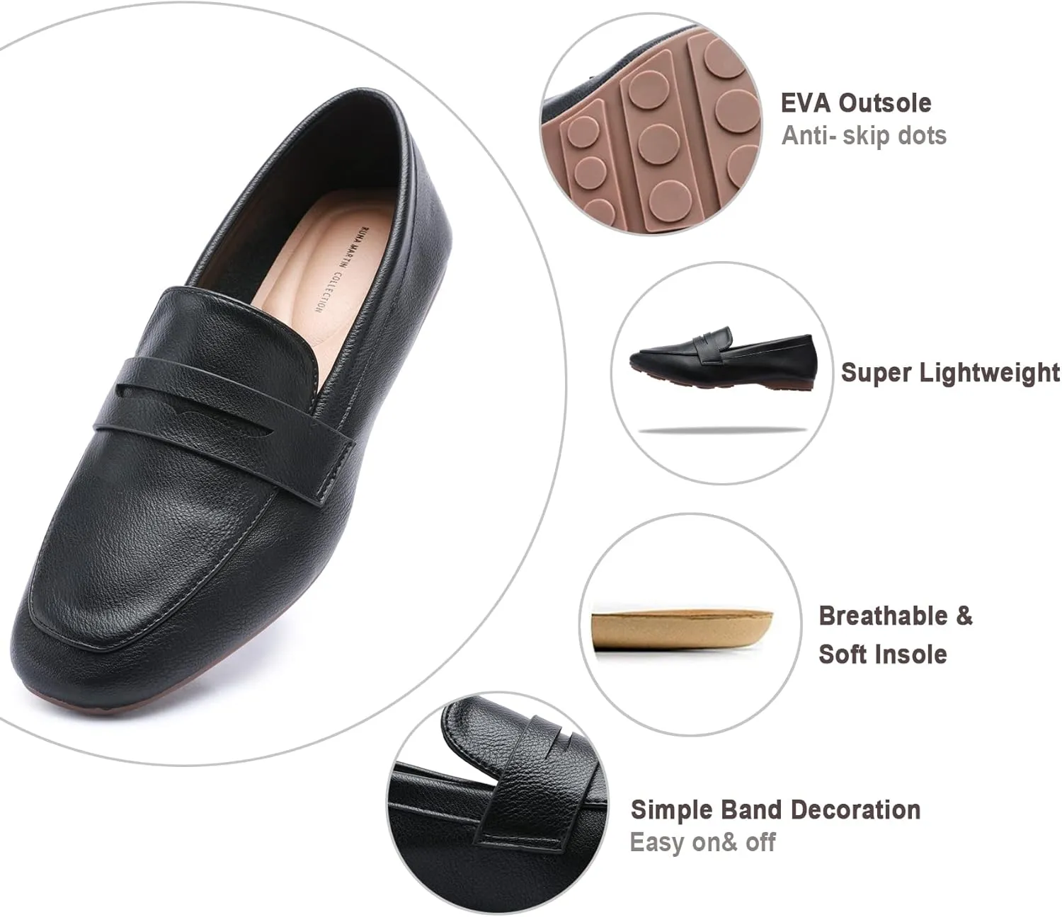 Odema Must-Have Women's Loafer Flat Square Toe Plain Penny Loafers Comfort Slip on Shoes