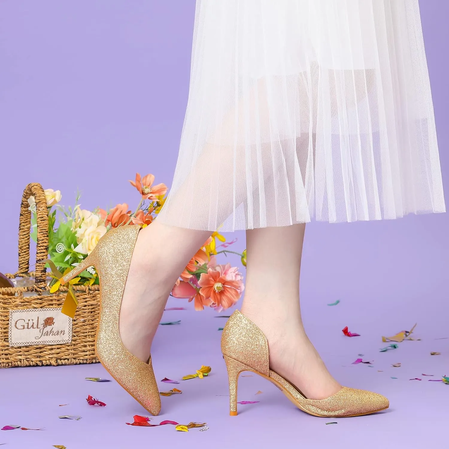 Perphy Glitter Pump Pointed Toe Slip-on Stiletto Heels Pumps for Women