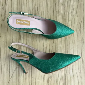 Pointed Toe Glitter Slingback - Green