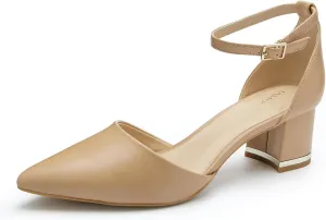 Pointed Toe Low Chunky Heels Pump Shoes Closed Toe Heels for Women Low Block Chunky Women Pumps with Ankle Strap 2.25 Inch Comfortable Wedding Pumps