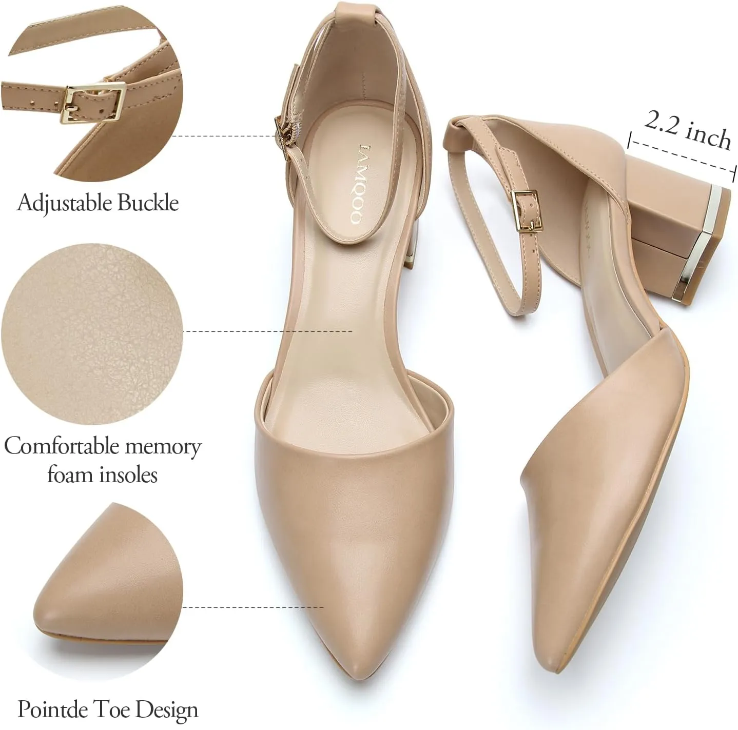 Pointed Toe Low Chunky Heels Pump Shoes Closed Toe Heels for Women Low Block Chunky Women Pumps with Ankle Strap 2.25 Inch Comfortable Wedding Pumps