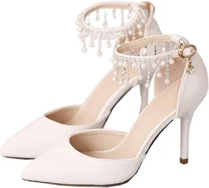 Pointed Toe Pumps High Heel Ankle Strap Dress Shoes Wedding Party Pump with Pearl 3.54”