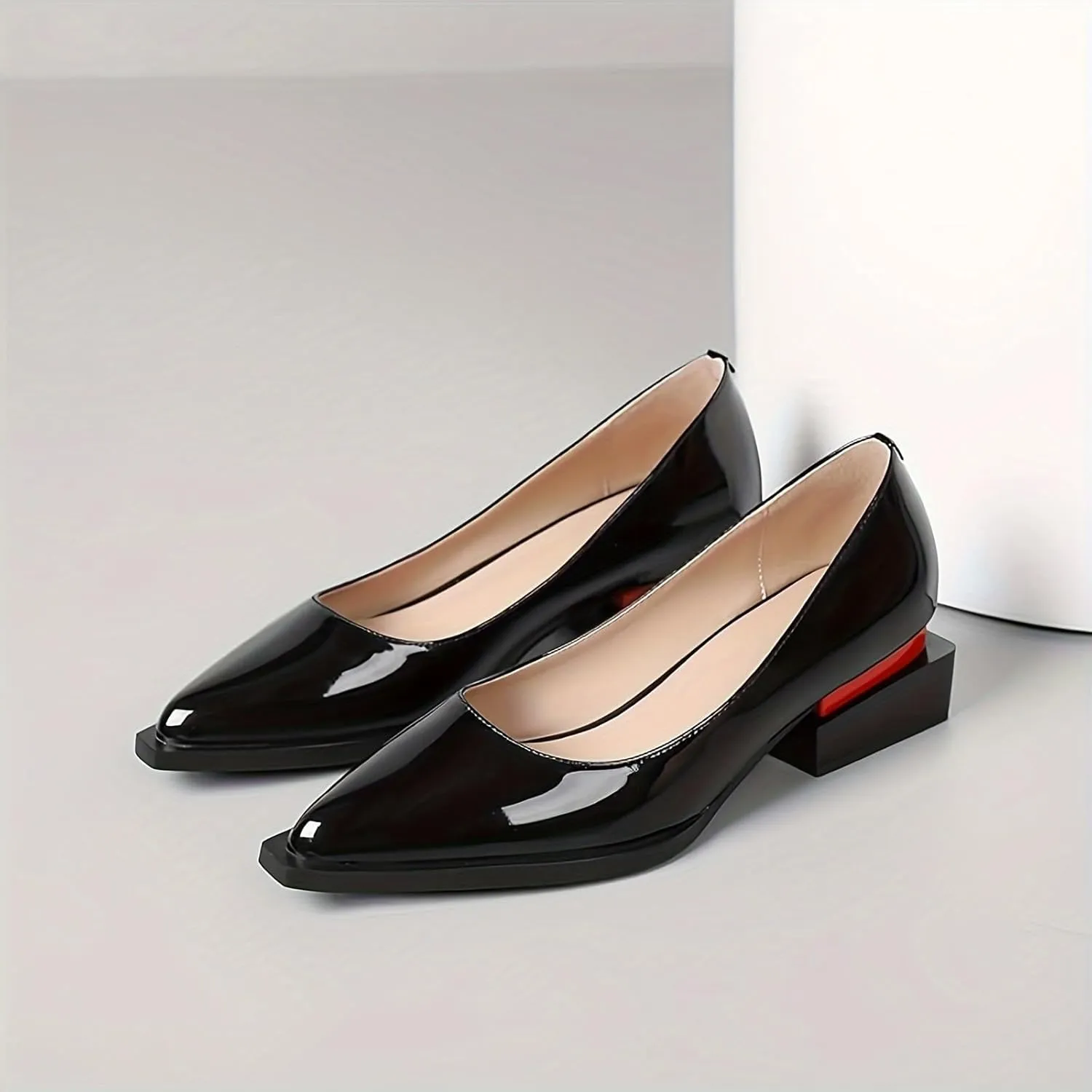 Red Black Women's Pump Shoes Pointed Toe Block Heel Patent Leather Comfortable Pull-on Daily Casual Pumps