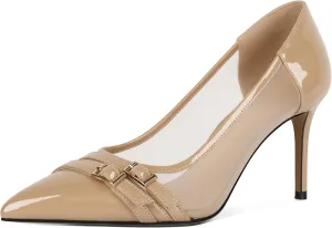 SAMMITOP High Heels Pumps for Women Closed Pointed Toe Slip On Stilettos Buckle Patent Mesh Dress Pump Shoes for Party Office 3.5 Inch