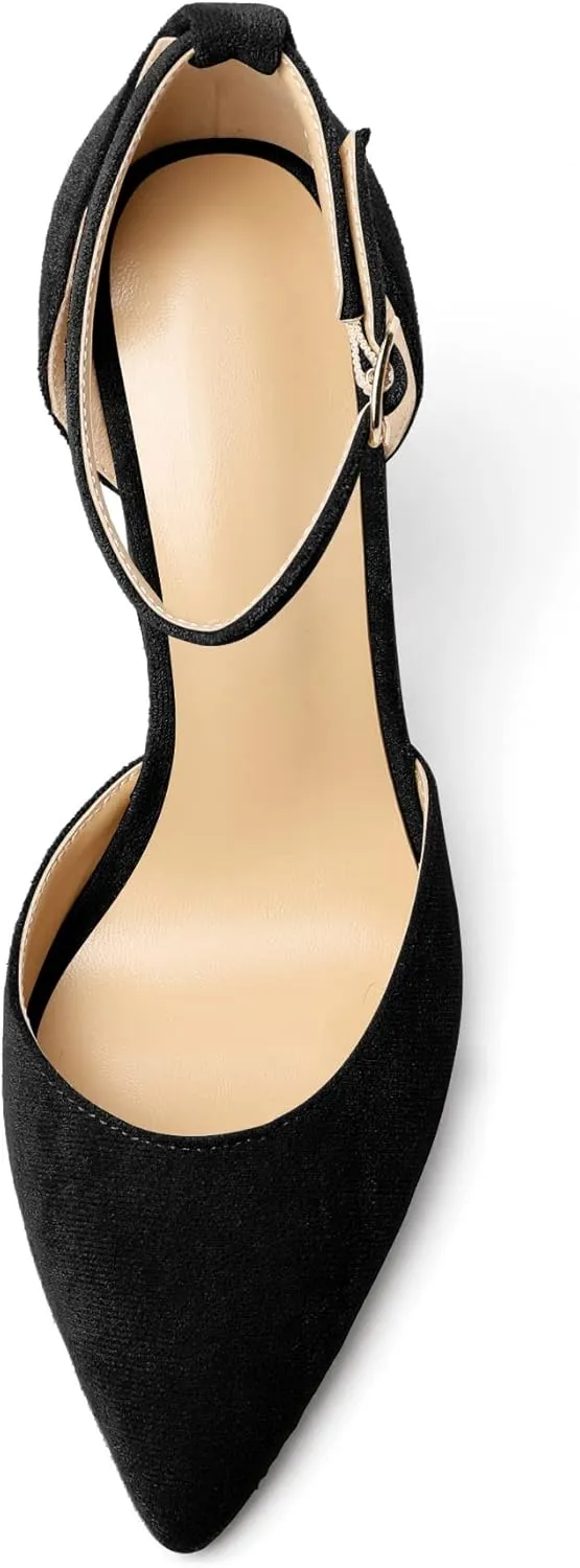 SAMMITOP Women's Chunky Block High Heels Strappy Closed Toe Ankle Strap Classic Pointed Toe D'Orsay Heel Dress Wedding Party Suede Heels Pumps Shoes