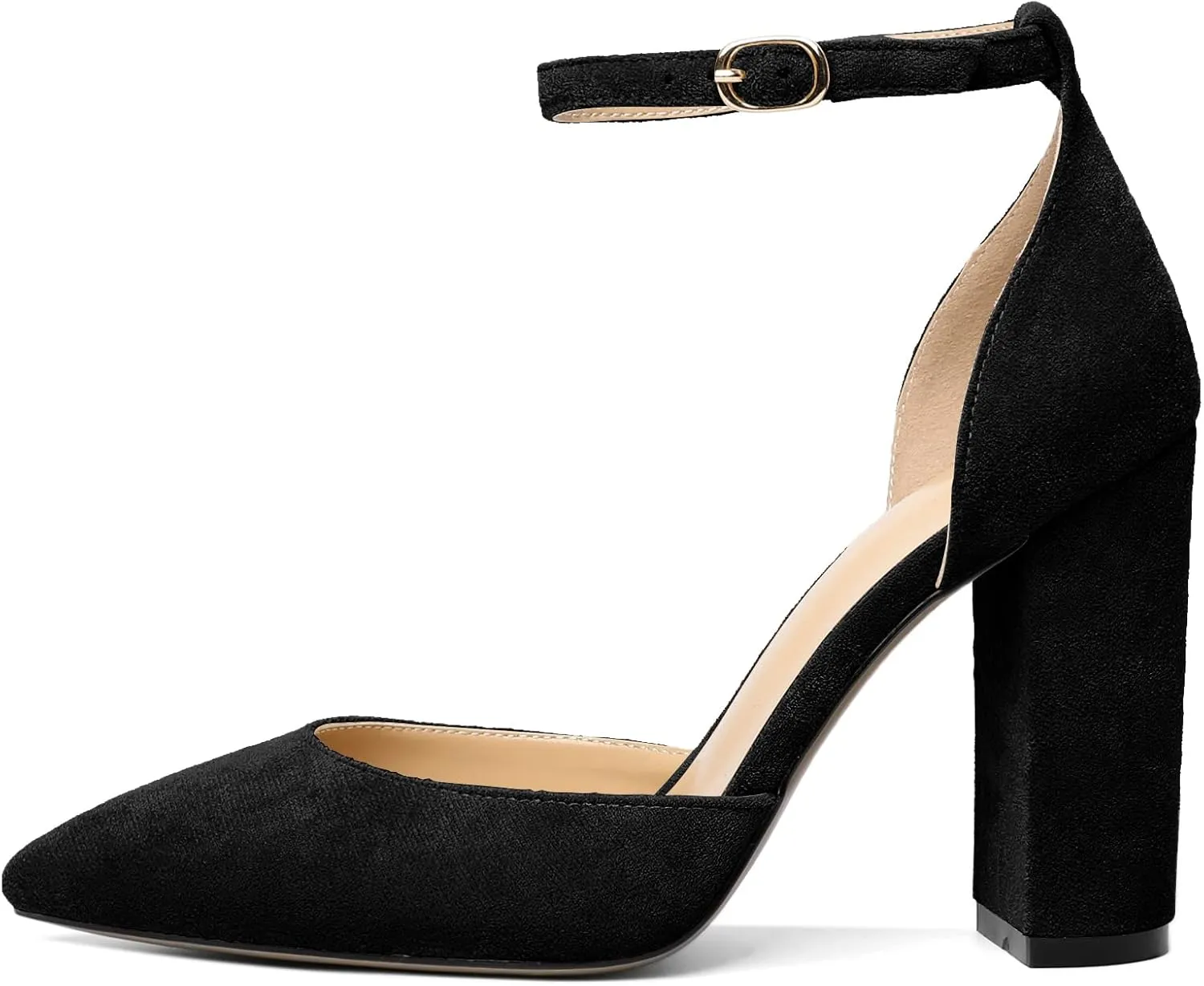 SAMMITOP Women's Chunky Block High Heels Strappy Closed Toe Ankle Strap Classic Pointed Toe D'Orsay Heel Dress Wedding Party Suede Heels Pumps Shoes