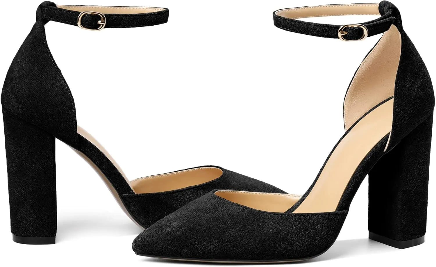 SAMMITOP Women's Chunky Block High Heels Strappy Closed Toe Ankle Strap Classic Pointed Toe D'Orsay Heel Dress Wedding Party Suede Heels Pumps Shoes