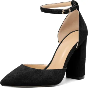 SAMMITOP Women's Chunky Block High Heels Strappy Closed Toe Ankle Strap Classic Pointed Toe D'Orsay Heel Dress Wedding Party Suede Heels Pumps Shoes