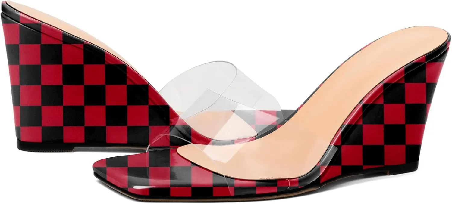 SAMMITOP Womens Clear Heels Sandals Square Open Toe Wedge Heel Sandals Slip On Heeled Mules Summer Dress Slipper Shoes 3.5 Inch